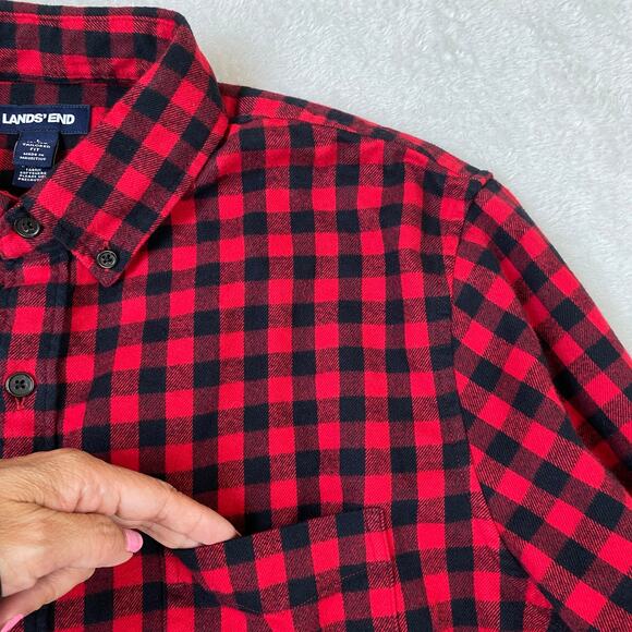 Lands' End Buffalo Plaid Flannel Shirt Men L Red Lumberjack Cowboy Button Down - Picture 5 of 13